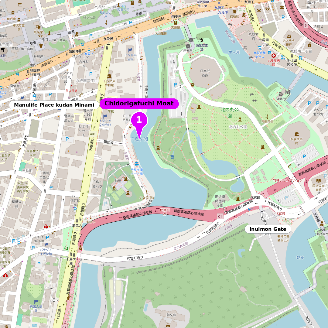 Shot map of Chidorigafuchi Moat, Japan with the photo spot marked