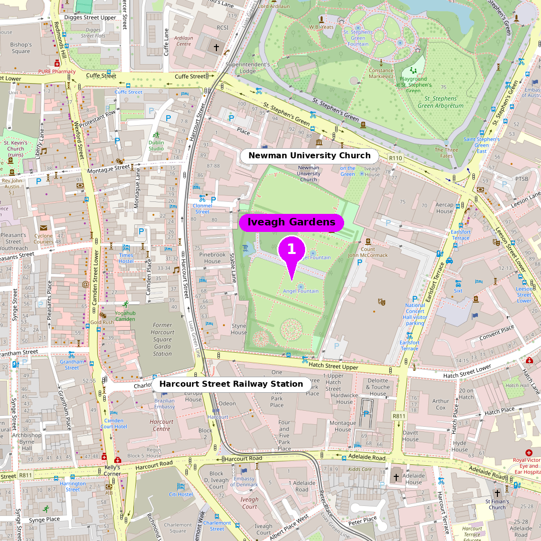 Shot map of Iveagh Gardens, Dublin with the photo spot marked