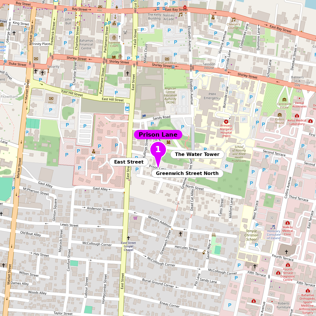 Shot map of Prison Lane, Bahamas with the photo spot marked
